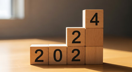 Staircase made wooden blocks depicts progressive future yearsの素材