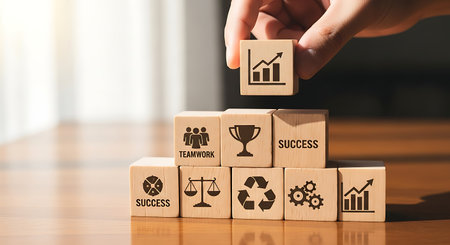 Business success strategy. Wooden blocks pyramid. Teamwork growth illustration.の素材