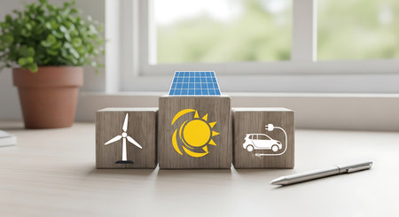 Renewable energy sources. Wooden blocks, green planet on desktopの素材