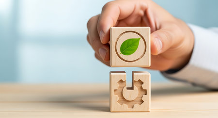 Green Innovation. Leaf icon on gear mechanism. Eco Solutions.の素材