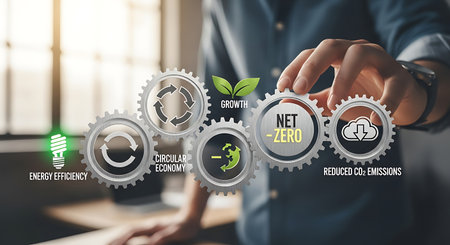 Gears depicting energy efficiency, net zero, and circular economy.の素材