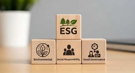 ESG concept wooden blocks sustainability ethical investment developmentの素材