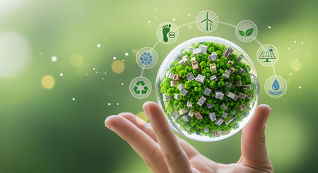 Holding globe, green city, renewable energy, sustainable future.の素材