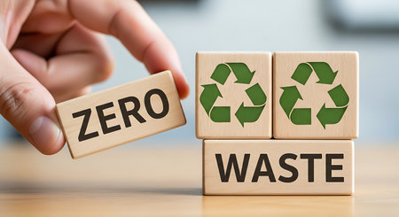 Hand places zero waste block.  Sustainable lifestyle practices.の素材