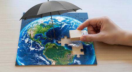 Hand completes earth puzzle. Protecting earth sustainability concept.の素材