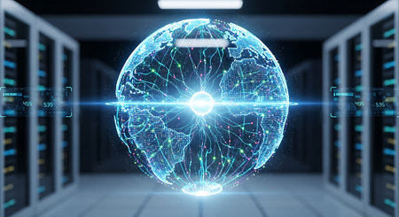 Global data network artificial intelligence worldwide information advanced.の素材