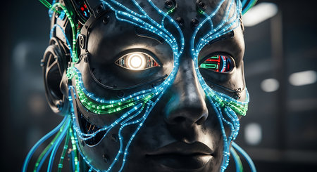 Cybernetic humanoid face futuristic artificial intelligence robot glowing.の素材