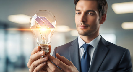 Business person displays solar power in light bulb inside office.の素材
