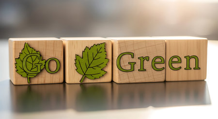 Four wooden cubes show go green message to save planetの素材