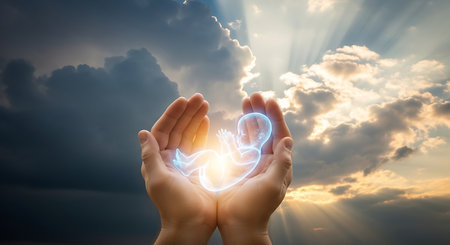 Embryo hands sky sun rays symbolize care hope future human life.の素材