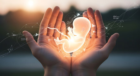 Human hands cradle an embryo. Care protection breakthrough fertility health.の素材