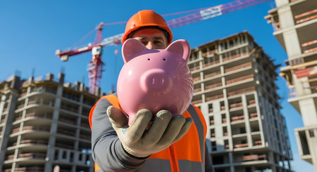 Construction worker money piggy bank investment savings futureの素材