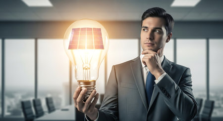Man contemplates solar innovation. Light bulb with panels future solutions.の素材