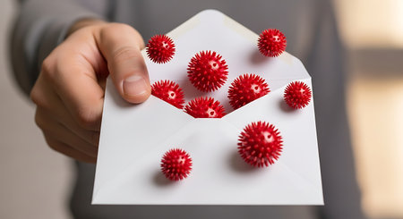 Transmission viral infections. Hand presenting envelope virus models.の素材