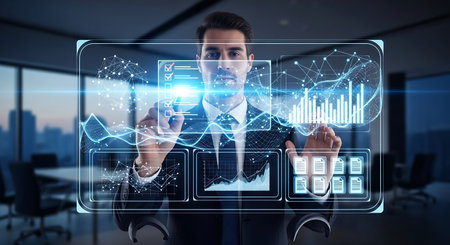 Businessman interacts digital HUD data futuristic technology interfaceの素材