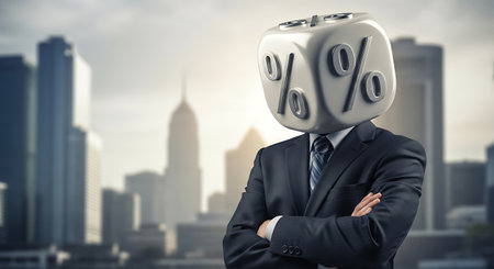 Financial interest rates in urban area businessperson showing finance rates.の素材