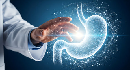 Medical doctor presenting gastric system model gastric treatmentの素材