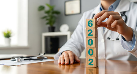 Precision medicine healthcare advancements doctor stacking blocks personalized diagnostics.の素材