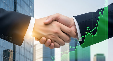 Business partnership, handshake, investment growth, skyscraper building.の素材