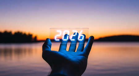 Hand holds transparent display showing 2026. Future vision planning and forecasting.の素材