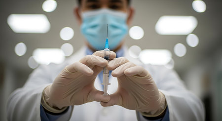 Doctor in lab coat holds syringe with needle. Vaccination preparation immunization.の素材