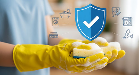 Home hygiene protection hands in gloves cleaning icons safetyの素材