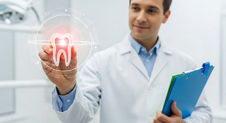 Dentist displays tooth graphic modern dental care technology oral health.の素材