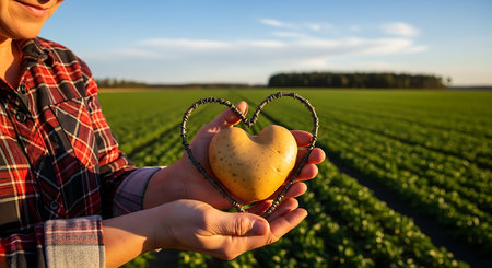 Farmer holding heart shaped potato agriculture harvest organic rural crop.の素材
