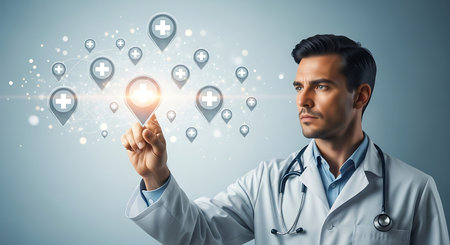 Modern medicine touchpoint network. Digital medical location pins.の素材