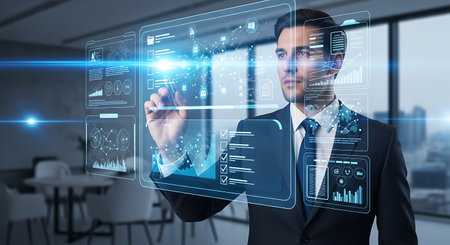 Businessman interacts digital interface advanced technology analytics visualization.の素材