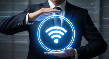 Business man holding glowing wifi Wireless internet communication Technology solutionsの素材