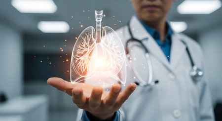 Lung health innovation. Doctor holds wireframe lungs in hospital.の素材