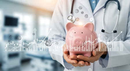 Doctor holding piggy bank with growth chart for healthcare finance.の素材