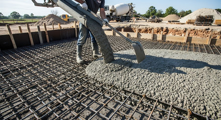 Construction concrete pouring foundation building job site developmentの素材