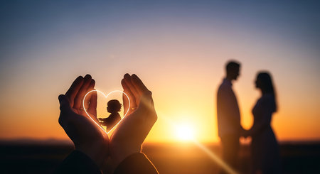 Parents and child silhouette sharing joy, childhood, togethernessの素材
