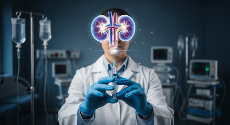Kidney treatment innovation. Doctor holds injection with hologram.の素材