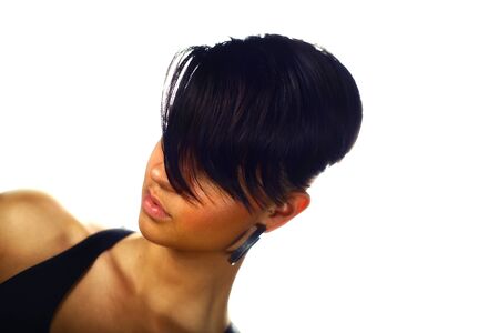 Beautiful woman with straight short hair isolated on white background の写真素材