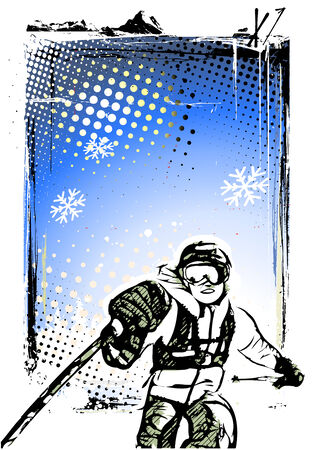 skier illustration on grungy backgroundのイラスト素材