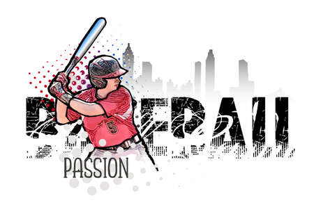 baseball player banner vector illustration on grungy background with city silhouetteのイラスト素材