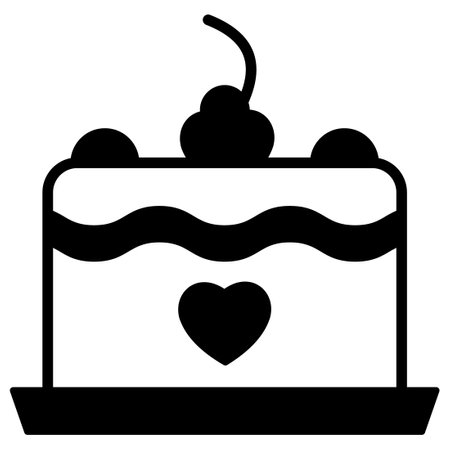 Cake with cherries and heart vector icon. Flat black symbol. Pictogram is isolated on a white...