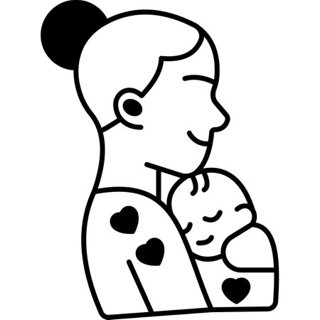 Black and White Cartoon Illustration of Mother Holding Her Baby on White Backgroundのイラスト素材