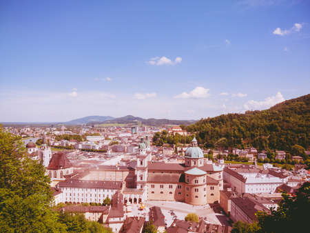 Panoramic view of Salzburg old town in Austria vintage