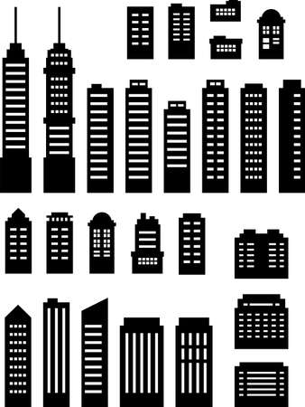 Building set, building, icon, monochromeのイラスト素材