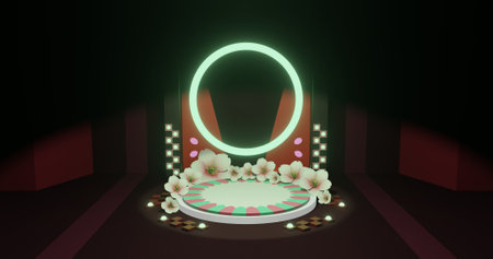 Cherry Blossom Stage, Pink, Japanese Style, 3DCG Renderingの写真素材