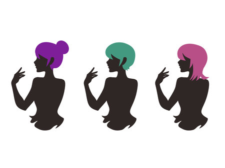 Female landscape silhouette set, upper body, simple, hairstyle 3 patternsのイラスト素材