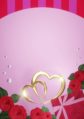 3DCG rendering with golden heart, red rose and gift backgroundの写真素材
