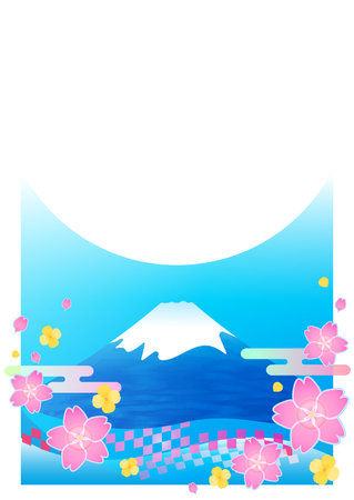 Poster illustration of Mt. Fuji and cherry blossoms, Japanese style, copy spaceの写真素材
