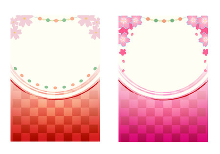 Set of 2 gorgeous cherry blossom wallpapers with Japanese style and checkered patterns, springの写真素材