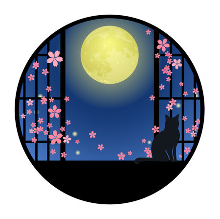 Elegant Japanese-style window with a cat, cherry blossoms, spring, full moon, cut illustrationの写真素材