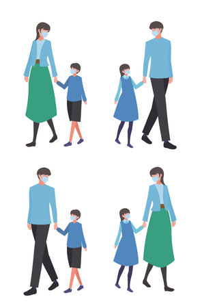 Set illustration of parent and child wearing a mask and walking hand in handのイラスト素材
